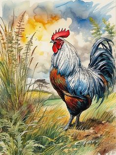 a painting of a rooster standing in the grass