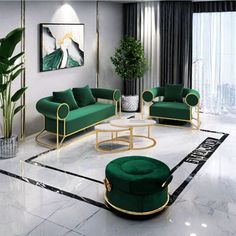 a living room filled with green couches next to a tall plant in a vase