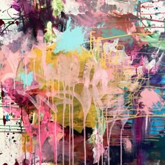 an abstract painting with lots of paint splattered on it's sides and the colors