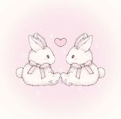 two white rabbits sitting next to each other with a heart in the background on a pink background