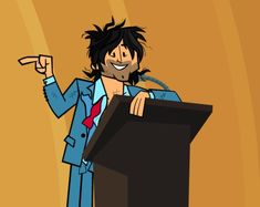 a cartoon man giving a speech at a podium