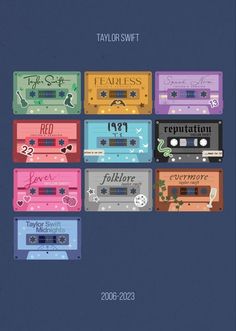 the cover of taylor swift's album, featuring cassettes in different colors and sizes