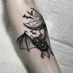 a bat flying through the air with bats on it's wings and a spider web