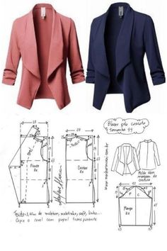 the sewing pattern for a jacket is shown in three different colors and sizes, including one blue