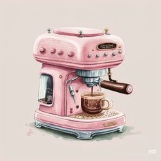 a pink coffee maker sitting on top of a counter