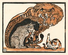 an image of two cats and a tiger in the same drawing as another cat lays on the ground