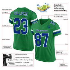 Order the jersey with special name & number you want from our shop, making a vibrant look on the field or daily life! Features: 1. Material: 100% Recycled Polyester-Body; 88% Nylon/12% Spandex-Neckline, Sides, Sleeves 2. Fit: Authentic jerseys have an athletic cut that fits snug in the chest and shoulders. 3. Stitched tackle twill name and numbers 4. Sublimated stripes on sleeves 5. Zone stretch fabric for enhanced movement; Tailored fit designed for movement 6. Moisture-wicking fabric has spong Green Jersey, Mesh Jersey, St. Patricks Day, Blue Football, Alpha Kappa Alpha, 3d Pattern, Vintage Usa, Grass Green, White Mesh