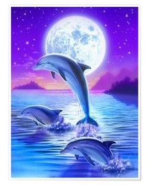 two dolphins jumping out of the water in front of a full moon shower curtain set