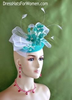 Women’s Jade Mint Green Sinamay Straw Sequin Flower And Feather Fashion Designer Haute Couture Hat Headpiece Wedding Fascinator Hair Accessory. Beautiful Sequin Multi colored Mint Jade Green And Metallic Silver Flower Appliques Are Placed On A Jade Mint Green Simulated Sinamay Straw Round Base, Trimmed With A Large White Horsehair Crinoline Bow.  Long White Shooting Coque Feathers Top Off This Gorgeous Headpiece. This Formal Art Deco Styled 1920’s Style Flapper Hat Can Be Worn In Different Posit Lady Jade, Art Hats, Kentucky Derby Fashion, Fascinator Hats Diy, Church Lady Hats, Fascinator Hair, Derby Fashion, Preakness Stakes, Custom Made Hats