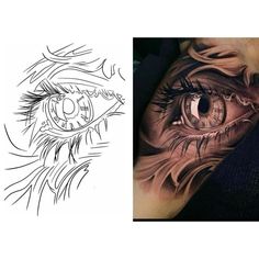 an eye tattoo on the left side of a woman's right arm and another photo of