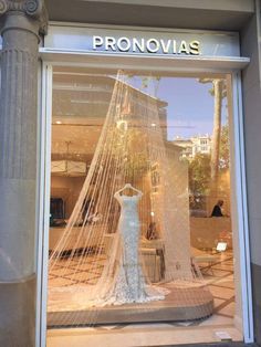 a woman's dress is displayed in the window of a clothing store with netting covering it