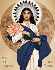 an image of the virgin mary with flowers in her hand and text above it that reads,