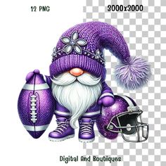 a purple santa clause with a football helmet and ball on it's lap, sitting next to the words digital and roupiques