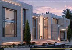 an architectural rendering of a modern house at dusk