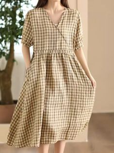 Gender: Women Item Type: Midi A- Line Dress Sleeve Length: Short Sleeves Neck Type: V- Neck Material: Linen Season: Summer Style: Casual, Loose One Size Length: 110 cm/ 43.31 " Bust: 106 cm/ 41.73 " Shoulder Width: 40 cm/ 15.75 " Sleeve Length: 27 cm/ 10.63 " Plaid Cotton V-neck Dress, Casual Plaid A-line Dress, Non-stretch V-neck Dress With Pockets, Summer Plaid Dresses With Pockets, Beige V-neck Midi Dress With Pockets, Casual Plaid V-neck Midi Dress, Casual Plaid Dresses With Pockets, Casual Plaid Short Sleeve Dress, Casual Plaid Maxi Dress