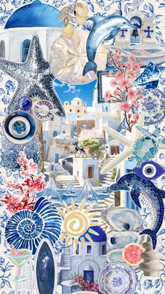 a collage of blue and white artwork with sea animals, flowers, and other items