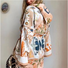 This Is A Handmade And Handstamped Creation By Mountain Girl Clothing! An Artistic And Whimsical Hooded Robe / Kimono. In Perfect Condition As It Hasn't Been Worn. It Is A Lightweight Linen Material And Pertect To Layer With. One Size / Oversized With A Tie At The Waist. Ships Fast! Antropologie Whimsy Nature Sarong Ruana Butterfly Luna Moth Grateful Dead Tie Dye Festival Fall Autumn Kimono Scarf Shawl Moth Chrysalis Fairy Fae Elf Hoodie Hooded Wooded Earthy Nature Poncho Jacket Coat Block Print Moth Chrysalis, Moth Poncho, Oversized Bohemian Floral Print Outerwear, Kimono Scarf, Boho Print V-neck Kimono For Festivals, Butterfly Kimono, Poncho Jacket, Women Floral Blouse, Zara Crop Top