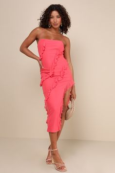 Exclusive Perfection Coral Pink Mesh Ruffled Midi Dress