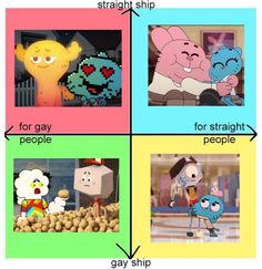 four squares with different cartoon characters and words on them, each showing the same character