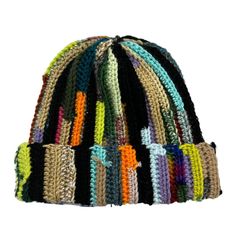 multicolored crochet knitted beanie hat on white background