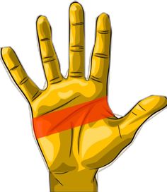 a yellow hand with a red band on it