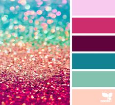 a color palette with pink, blue and green glitters in the background is an image of