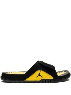 black yellow signature Jumpman motif open toe side touch-strap fastening slip-on style transparent gel-like footbed rubber sole Fresh Sneakers, Black Slides, Jordan 11, Sneakers Black, Black N Yellow, Womens Shoes Sneakers, Open Toe, Rubber Sole, Slides