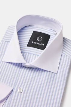 Color: sky-blue striped Spread white collar White cuffs Material: 100% cotton Fitting: slim-fit Care instructions: dry clean only White Cotton Dress Shirt With Striped Collar, White Dress Shirt With Striped Collar For Work, Blue Dress Shirt With Striped Collar For Work, Fitted Pinstripe Dress Shirt With Striped Collar, Classic Blue Dress Shirt With Striped Collar, White Collar Shirt, Office Shirts, White Collared Shirt, Tie Shirt