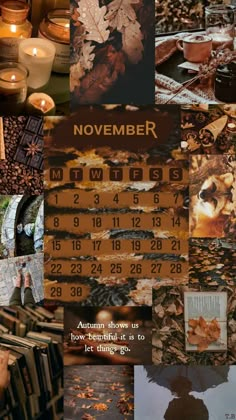 a collage of pictures with candles, books and autumn leaves on it's cover