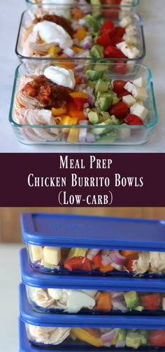 the meal prepped chicken burrito bowls are stacked on top of each other and ready to be eaten