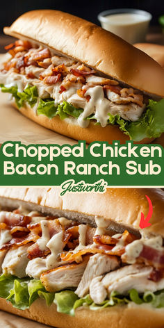 two chicken bacon ranch sub sandwiches on a cutting board with the words chopped chicken bacon sandwich sub