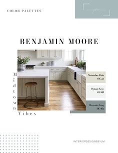 an image of a kitchen with white cabinets and wood flooring in the center is a color palette for benjam moore