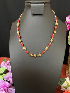 Coral Gold Beads Mala Neckless Only One/ Hand Made Mala 18 Inches Gold Finish/Nakshi Gold Beads/Light weight/Indian Jewelry/Temple Jewelry DETAILS: Includes ; One Coral Beads Mala /Only One Necklace. Necklace: 18 inches. Adjustable length. Chain Closure.  0.31 oz  (12 gr).  Material: Imitation, Matte Gold Finish Coral  pearls, Cubic Zirconia, AD Stones. Finish: Matte Antique Gold Finish with Pendent Haram.  NOTE: I try my best to show you photos of my products as they appear in real life, but please note that variations in color occur due to differences in lighting and screen settings.  PRODUCT CARE: - Avoid contact with heat/fire, water, and chemicals such as perfumes or any sprays to prevent product damage.  - Store wrapped in butter paper, cotton cloth, or the provided box. Gold Beaded Necklaces For Festivals, Traditional Gold Dangling Beads, Adjustable Beaded Chain Beads For Festive Occasions, Adjustable Beaded Chain For Festive Occasions, Elegant Red Mala With Round Beads, Elegant Red Mala Beads, Festive Beaded Necklace, Gold Beads Beaded Necklaces For Festivals, Gold Dangling Beads For Festivals