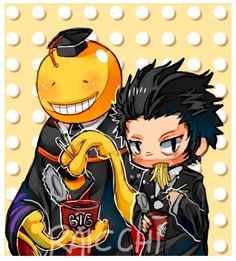 two anime characters one with an orange and the other wearing black