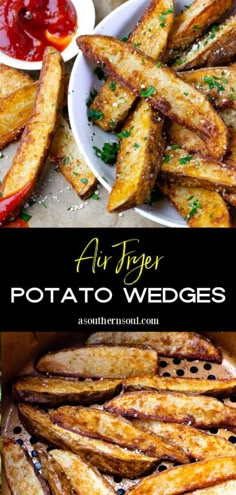 air fryer potato wedges with ketchup on the side and in bowls