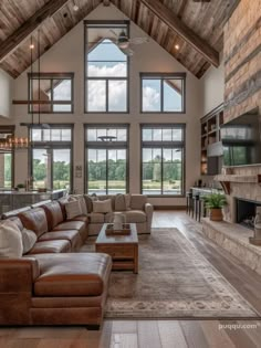 a living room filled with lots of furniture and large windows in the ceiling above it