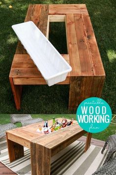 an outdoor table made out of pallet wood with the words wood working on it