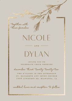 a wedding card with gold foil on the front and back, featuring an elegant tree branch