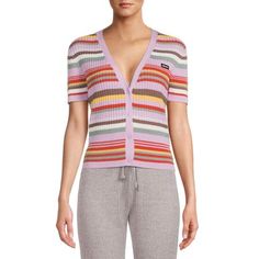 More than just a layer, Kendall + Kylies Ribbed Cardigan features a fitted silhouette paired with an ultra-flattering V-neck for a super cool, solo top. Size: XS.  Color: Multicolor.  Gender: female.  Age Group: kids. Striped Fitted V-neck Sweater, Knit V-neck Top For Daywear, Pink Ribbed Fitted Cardigan, Pink Fitted Ribbed Cardigan, Fitted Ribbed Pink Cardigan, Spring Ribbed Tops For Daywear, Ribbed Tops For Spring Daywear, Fitted Sweater For Spring Daywear, Fitted Striped V-neck Sweater