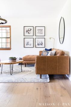 a living room filled with furniture and pictures on the wall