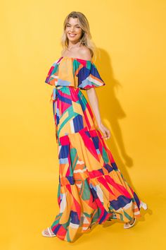 A printed woven maxi dress featuring off shoulder neckline, elasticized waist, self sash tie and tiered skirtDetailsSelf: 100% PolyesterLining: 100% PolyesterSize & Fit- Model is 5`8" And Wearing Size Small- Measurements Taken From Size Small- Approx. Length: 50.5" Lined Beachwear Dresses For Brunch, Casual Multicolor Chiffon Maxi Dress, Multicolor Off-shoulder Maxi Dress For Beach, Spring Off-shoulder Lined Maxi Dress, Lined Multicolor Midi Dress For Vacation, Vibrant Beach Season Dress For Brunch, Multicolor Flowy Off-shoulder Maxi Dress, Flowy Multicolor Off-shoulder Maxi Dress, Summer Off-shoulder Flowy Dress