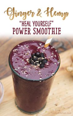 there is a smoothie with blueberries in it and the words ginger & hemp heal yourself power smoothie