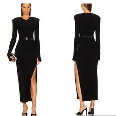 Norma Kamali Long Sleeve Shoulder Pad Side Slit Gown Color:Black Size: L Elevate Your Evening Elegance With Norma Kamali's Long Sleeve Shoulder Pad Side Slit Gown. Featuring Padded Shoulders, Thumbhole Cut-Out, And A Seductive Side Seam Slit, This Slinky Jersey Gown Is The Perfect Choice For Your Next Formal Event. 95% Polyester 5% Spandex Feito Na China Hand Wash Unlined Pull-On Styling With Optional Belt Padded Shoulders Thumbhole Cut-Out Slinky Jersey Fabric With Side Seam Slit Pit To Pit 19” Norma Kamali Dress, Norma Kamali, Guest Dresses, Shoulder Sleeve, Jersey Fabric, Formal Event, Wedding Guest Dress, Shoulder Pads, Wedding Guest