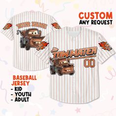 Custom Disney Cars Lightning Tow Mater Baseball Cars Baseball Jersey 1 Casual Jersey For Fans With Sublimation Print, Casual Jersey With Sublimation Print For Fans, Sporty Tops With Character Print For Sports, White Cartoon Print Tops For Sports, Sporty Tops With Character Print For Sports Events, Sporty Tops With Character Print For Fans, Sports Fan Apparel Tops With Character Print, Fan Apparel Tops With Character Print For Sports Events, White Sublimation Character Print For Fan Merchandise