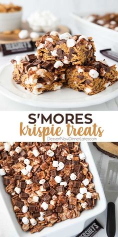 s'mores krispie treats are stacked on top of each other and ready to be eaten