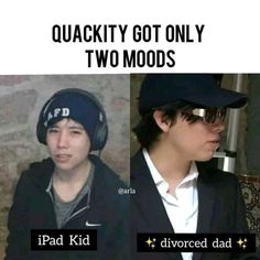 two young men wearing hats and one is looking at his cell phone with the caption'quackity got only two mods '