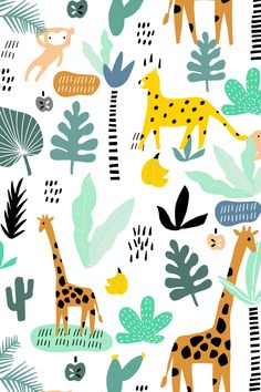 a pattern with giraffes, leaves and plants