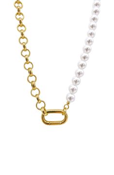 Imitation pearls add a lustrous appearance to a 14-karat-gold plated necklace for a contrasting look. 20" length; 0.75"W x 0.5"L pendant Imitation-pearl size: 6–7mm 14k yellow gold plated brass/imitation pearl Imported Classic Gold Pearl Necklace With Chain, Classic Gold Chain Necklace With Pearls, Classic Gold Chain Necklace With Pearl, Classic Gold Pearl Chain Necklace, Yellow Gold Pearl Necklace With Chain, Gold Pearl Chain Necklace With Lobster Clasp, Half Necklace, Half And Half, Gold Plated Necklace