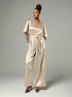 Jumpsuit Pantsuit Mother Of The Bride Dresses Sleek V-neck Jumpsuits And Rompers For Work, Chic Satin V-neck Jumpsuits And Rompers, Elegant Fitted Jumpsuits And Rompers With Surplice Neckline, Elegant Party Jumpsuits And Rompers With Surplice Neckline, Elegant Party Jumpsuit With Surplice Neckline, Elegant V-neck Spring Pantsuit, Elegant Silk Pantsuit For Workwear, Elegant Satin Pantsuit For Evening, Elegant V-neck Evening Pantsuit