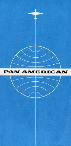 an advertisement for the pan american airlines on a blue background with white lines and a plane flying over it